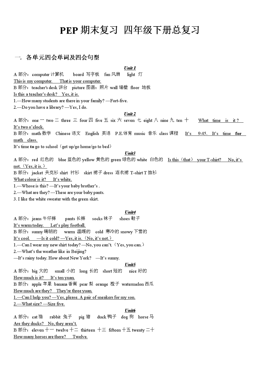 PEP小学英语四年级下册总复习知识重点.doc