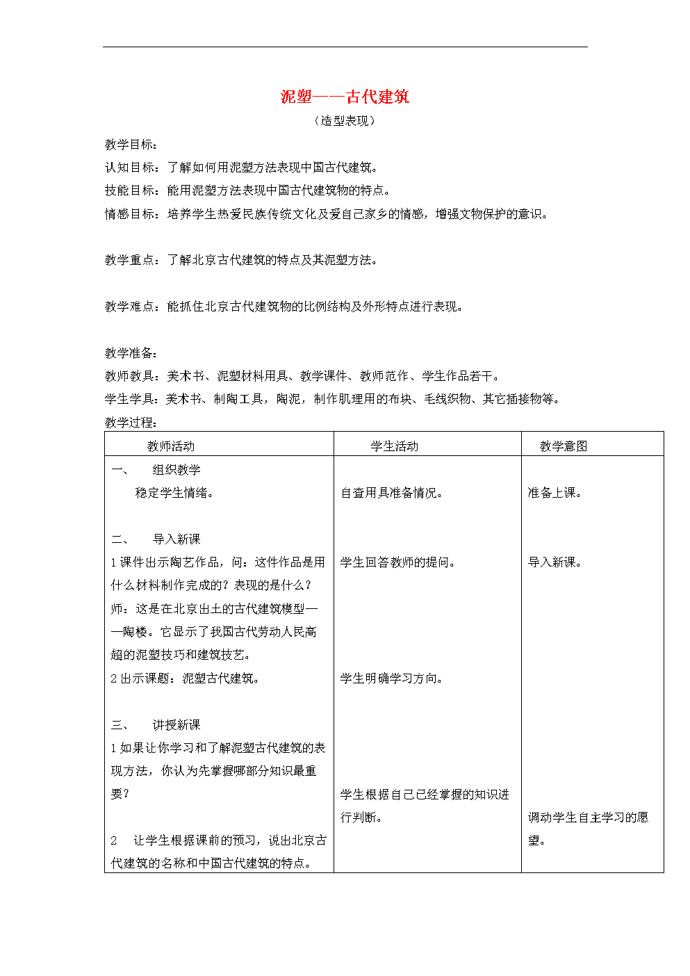小学六年级美术上册 泥塑-古代建筑教案 北京版