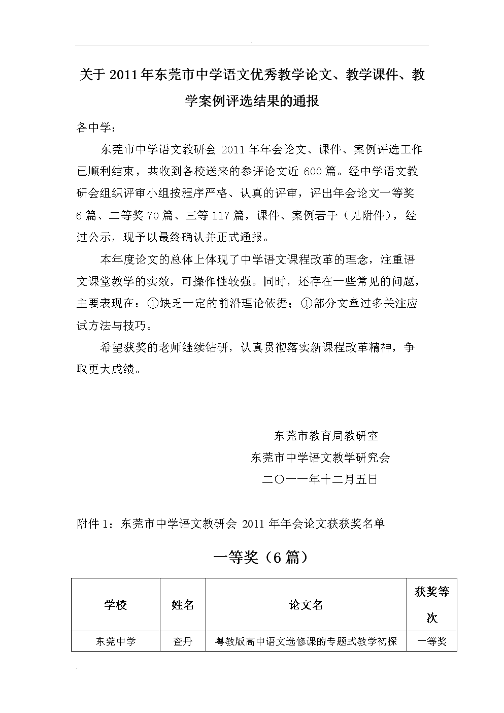 关于2011年东莞市中学语文优秀教学论文、教