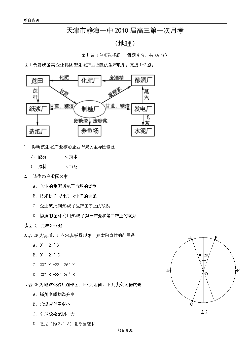 天津市静海一中2010届高三第一次月考(地理).
