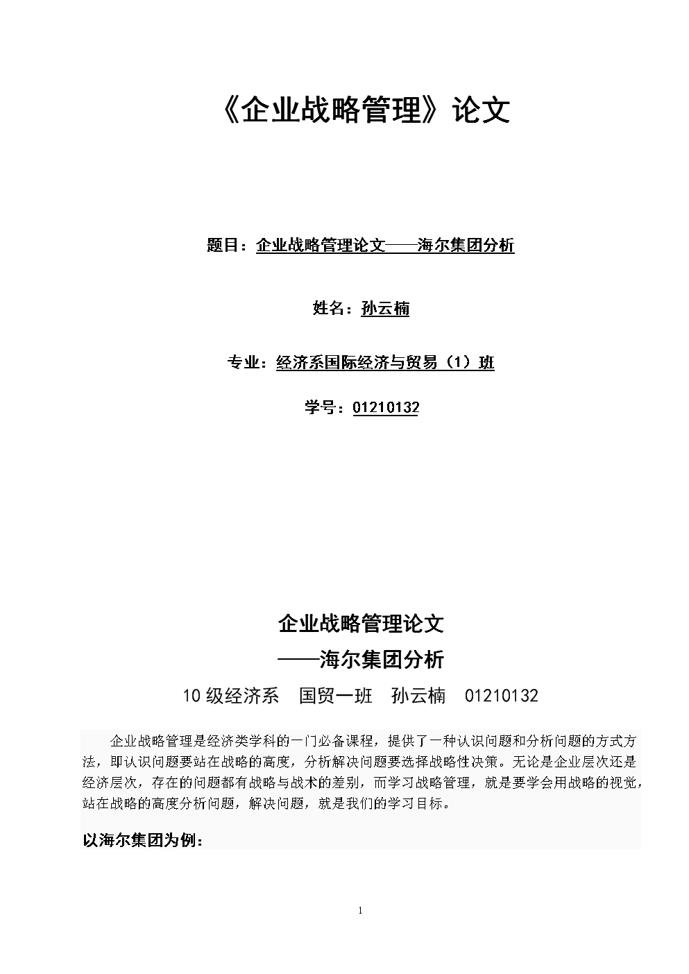 企业战略管理论文--海尔集团分析.doc