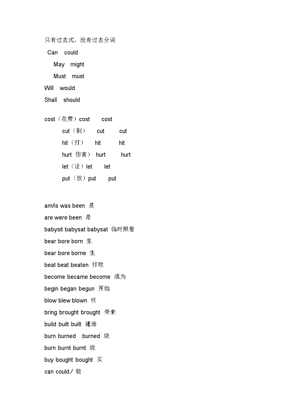 小学六年级不规则动词过去式过去分词表(规则